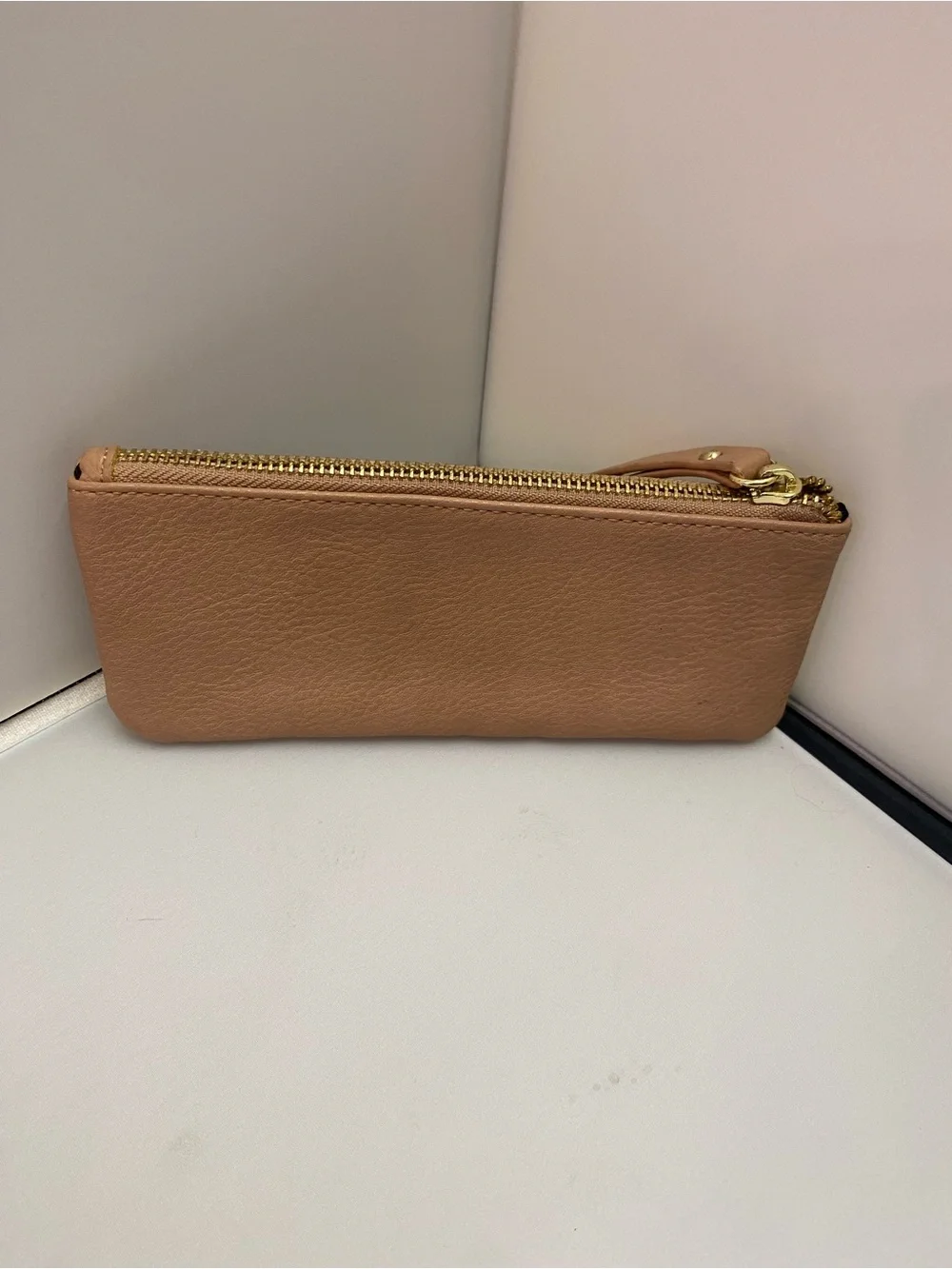 Steve Madden Beige Zip-Top Cosmetic Wristlet with Gold Hardware